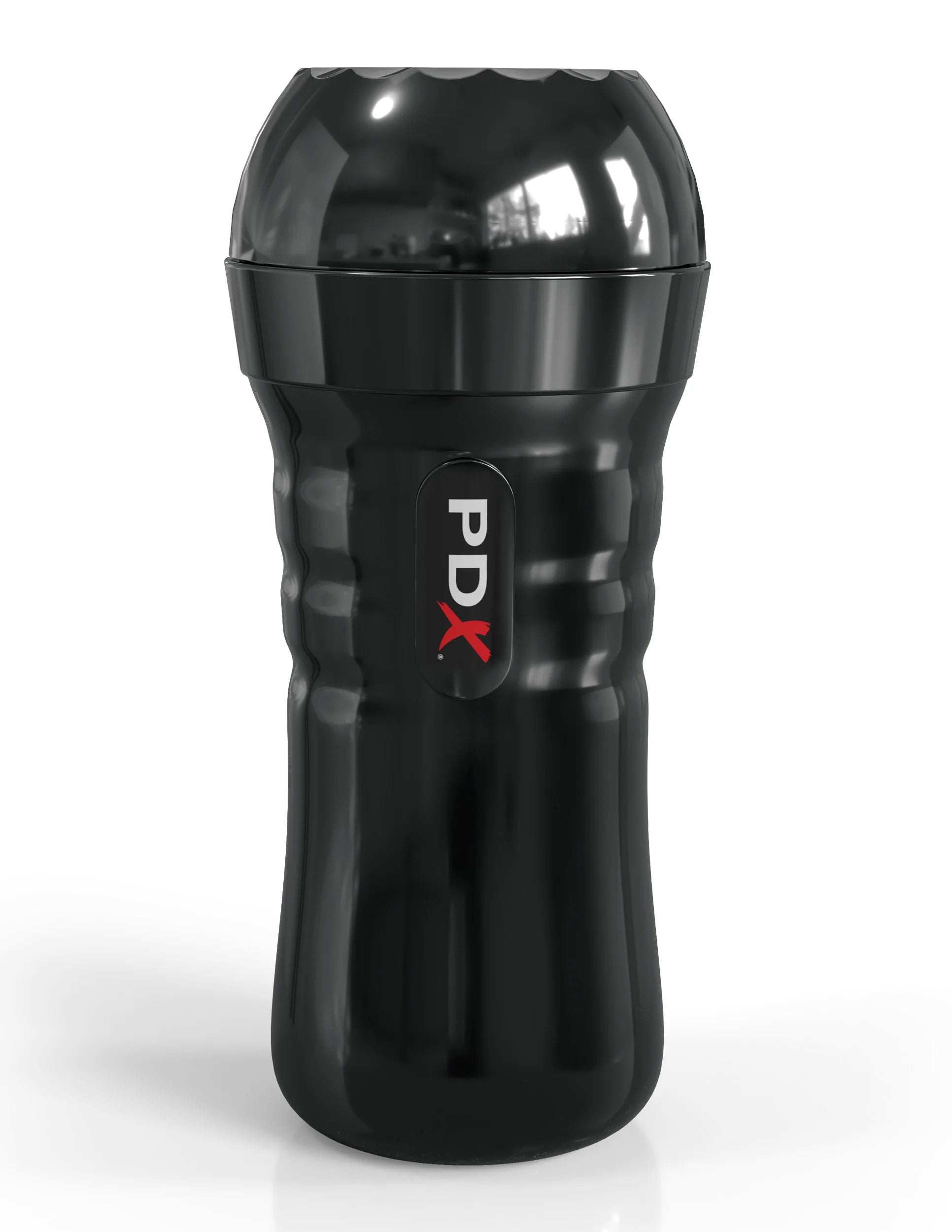Black ergonomic self-lubricating Super Juicy Snatch stroker with sleek casing and easy grip design