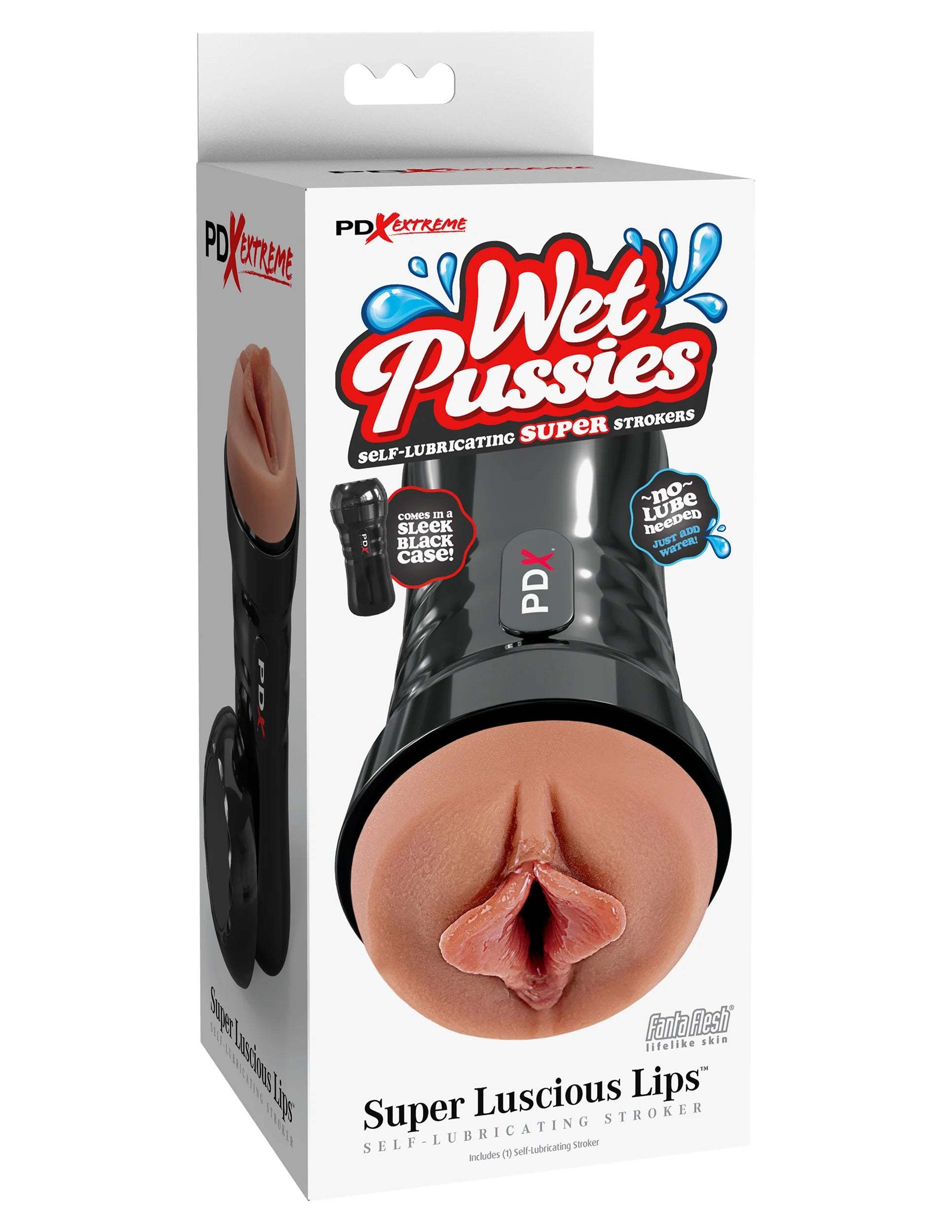 Super Luscious Lips Self Lubricating Stroker with realistic pleasure tunnel and sleek black case, brown color, no lube needed, just add water.