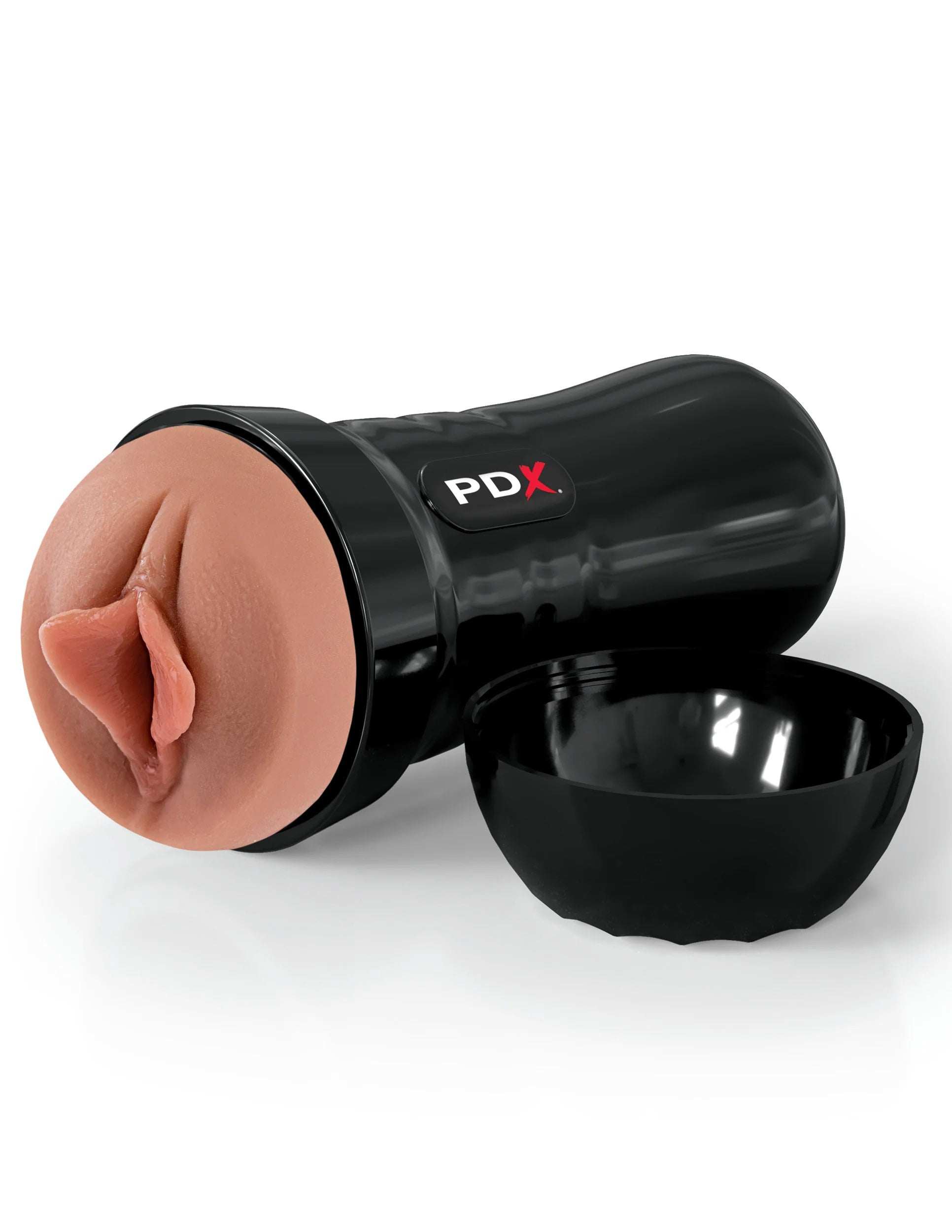 Super Luscious Lips Self Lubricating Stroker with realistic brown lips and sleek black ergonomic casing, water activated lubrication.