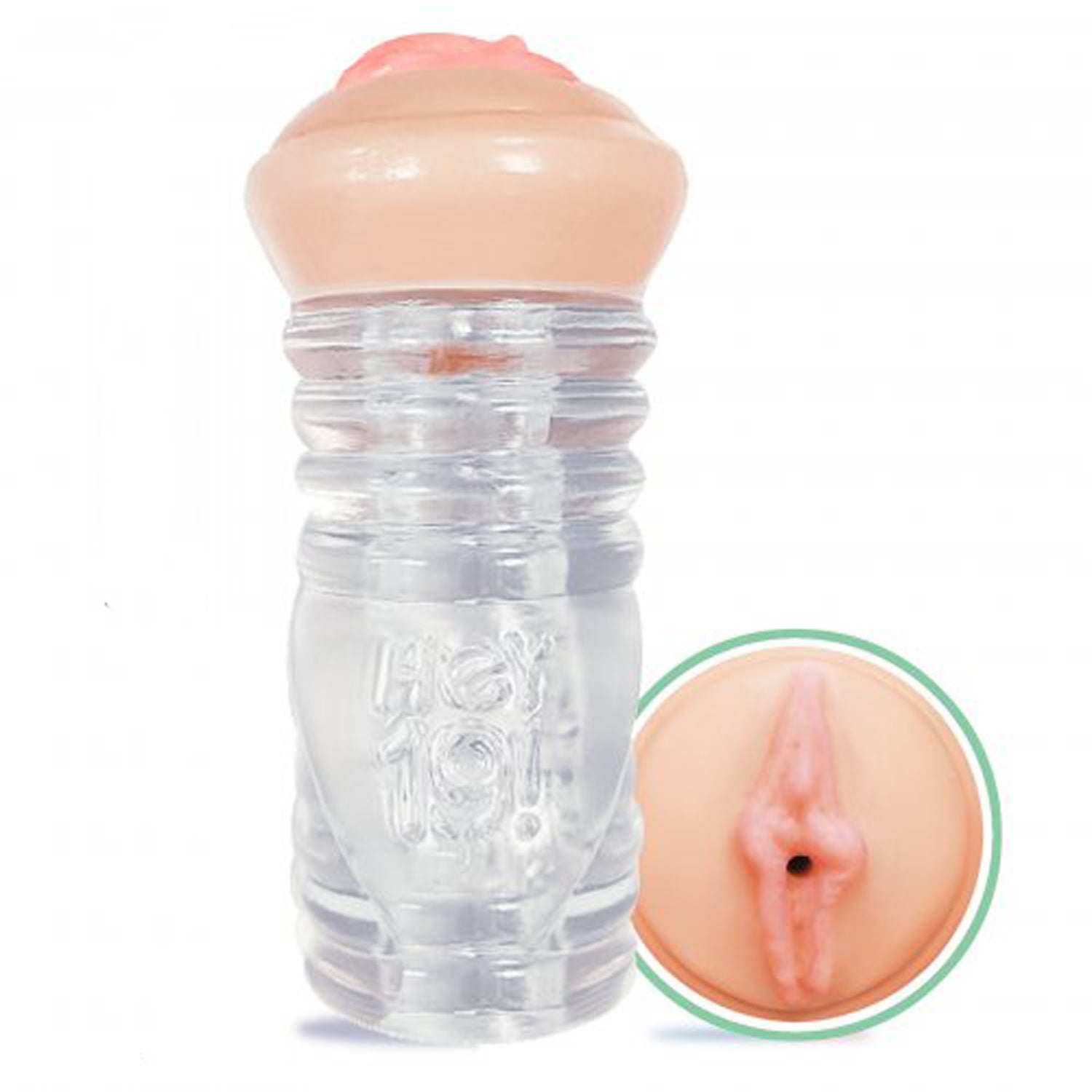 Hey 19 Clear Stroker by Lucy Tyler, transparent pleasure device with lifelike flesh-toned entry and textured interior for realistic sensations.