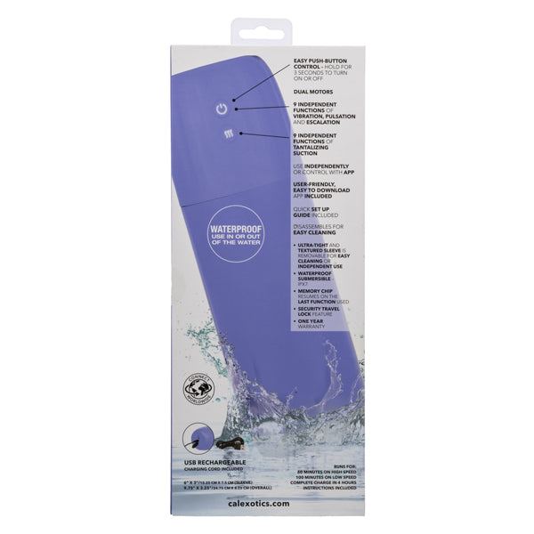 Purple Calexotics Connect Stroker with vibration, suction, dual motors, app control, and waterproof design for customizable solo pleasure.