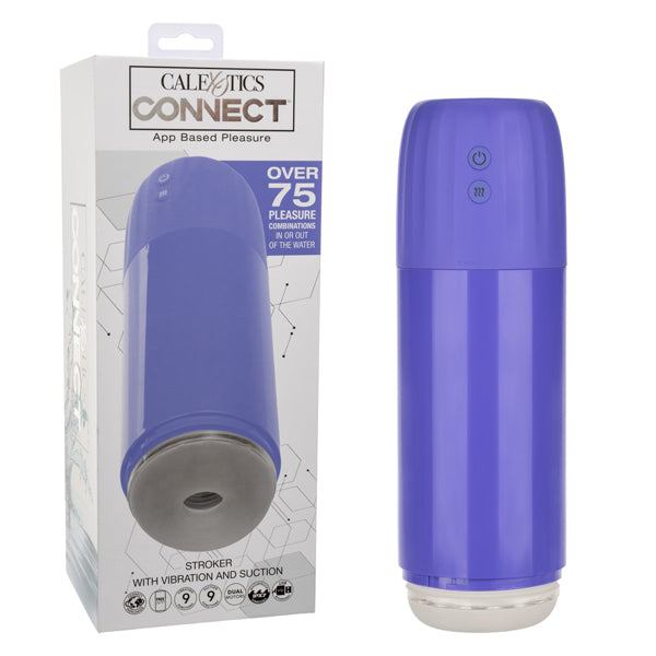 Calexotics Connect Stroker in purple with vibration and suction, app-controlled, dual motors, waterproof, rechargeable.