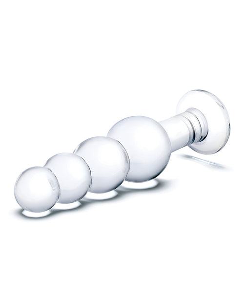 Clear Glas 7.25" glass beaded butt plug with graduated smooth beads and flared base for safe anal pleasure