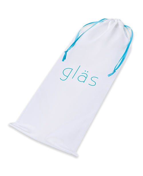 White drawstring storage pouch with blue "gläs" logo for Glas 7.25" Glass Beaded Butt Plug accessory