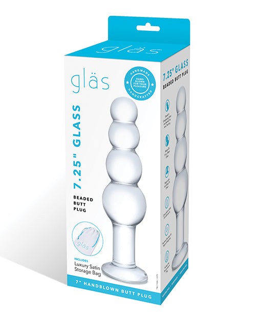 Glas 7.25" clear glass beaded butt plug with graduated beads and flared base in luxury packaging