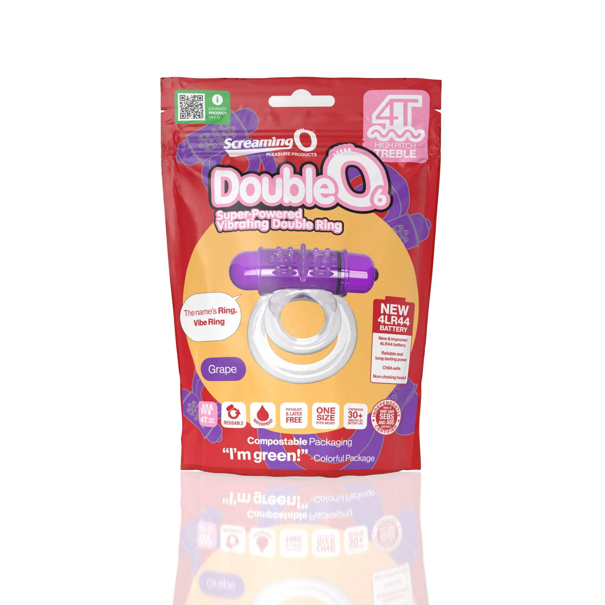Screaming O Double O ring vibrating double ring in grape color with super-powered motor and compostable packaging