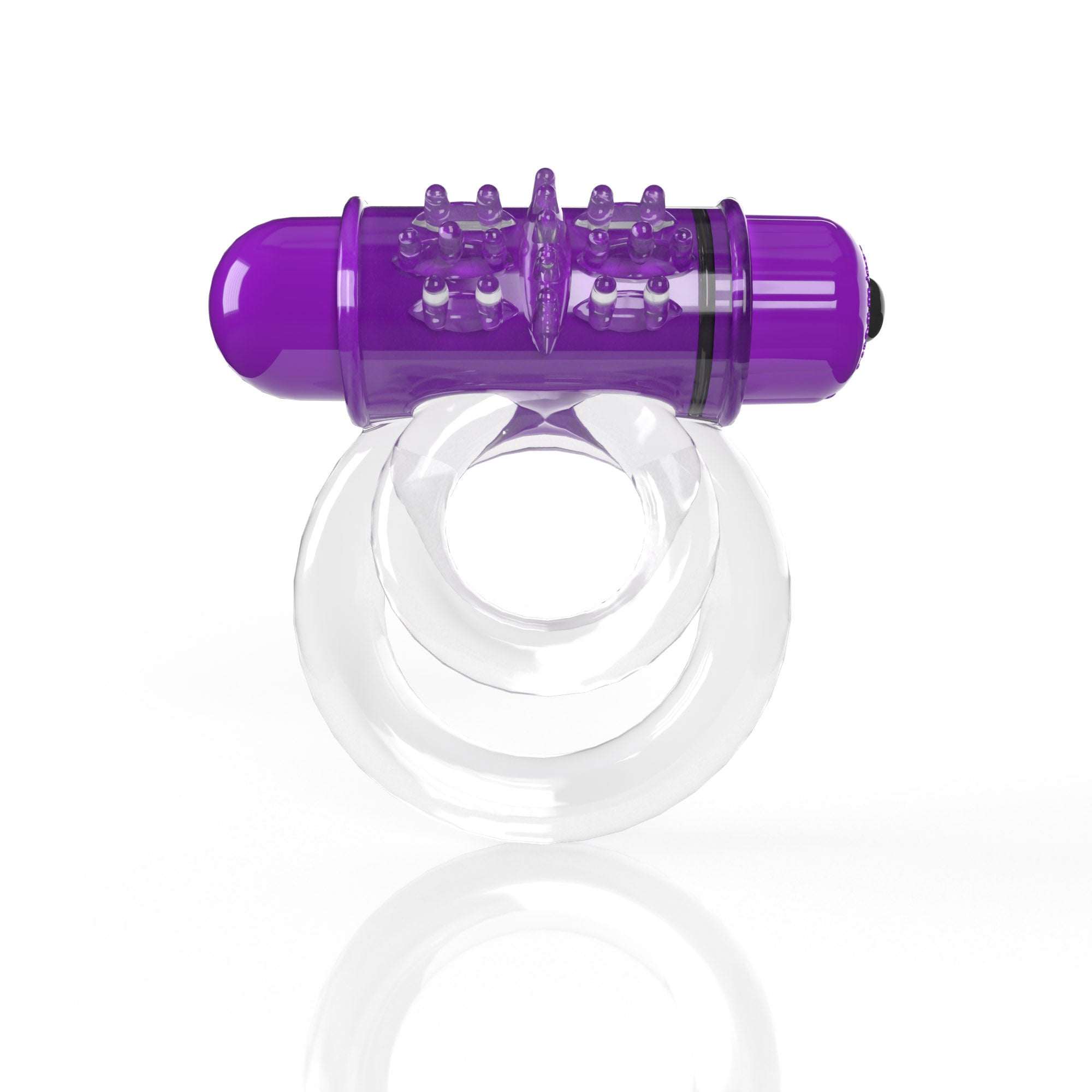 Grape-colored vibrating Double O ring with textured bullet and clear stretchy rings for enhanced pleasure.