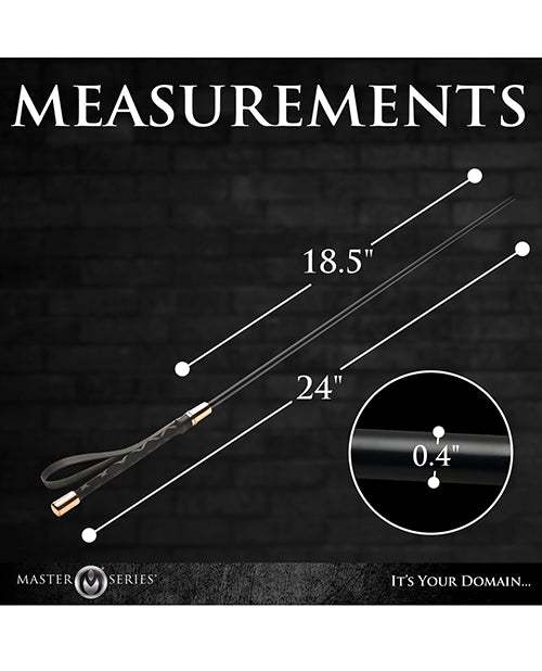 Master Series Sinful Impact Cane in black with gold caps, flexible plastic design, 24 inches long, 0.4-inch diameter, ergonomic vegan leather handle.