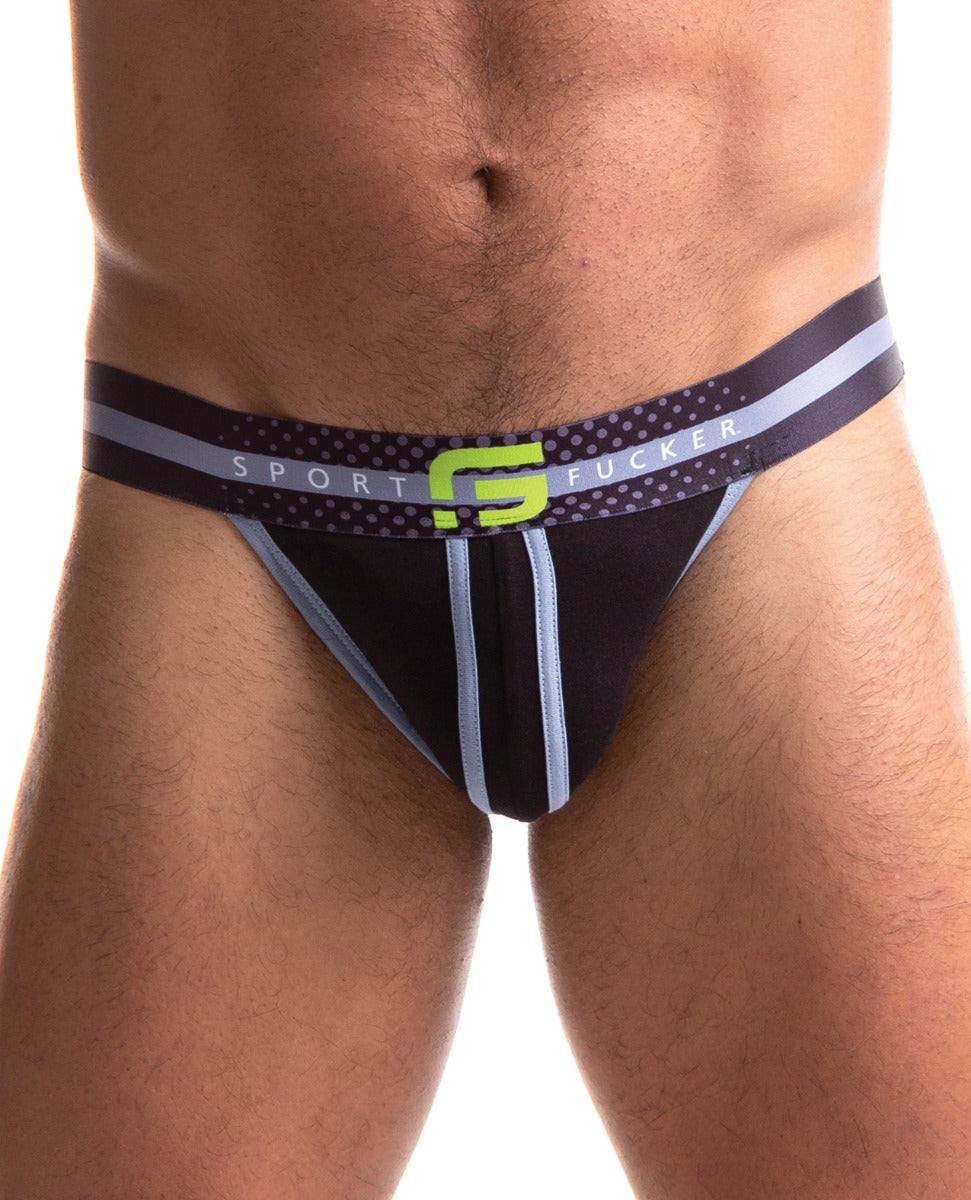 Sport Fucker Jersey Jockstrap in black and green with logo waistband, made of breathable cotton blend for comfort and support.