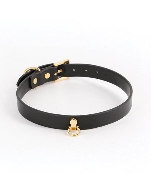Black Fetish & Fashion Cara Collar with gold-tone O-ring and adjustable buckle closure.