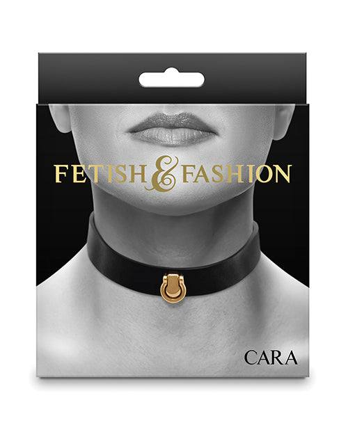 Fetish & Fashion Cara Collar in black with gold O-ring buckle on packaging showing neck fit and style