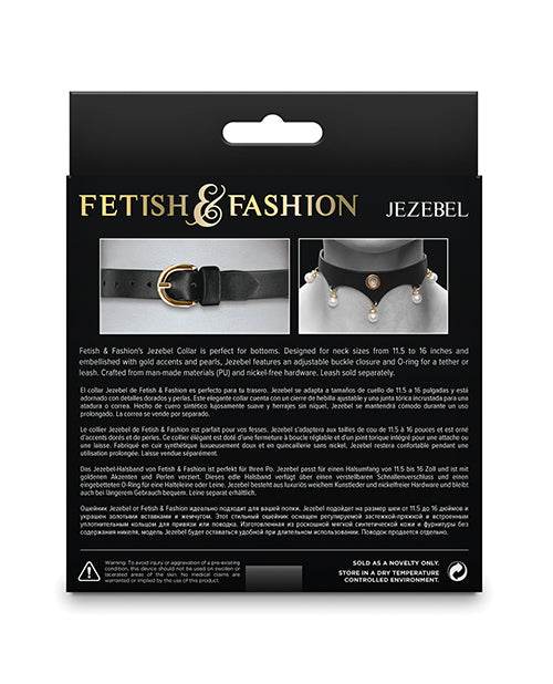 Fetish & Fashion Jezebel Collar black adjustable buckle with gold accents and pearls in retail packaging, designed for neck sizes 11.5 to 16 inches.