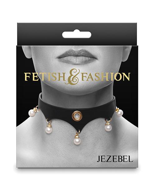 Black Fetish & Fashion Jezebel Collar with gold accents and pearls, adjustable buckle, designed for stylish and comfortable wear.