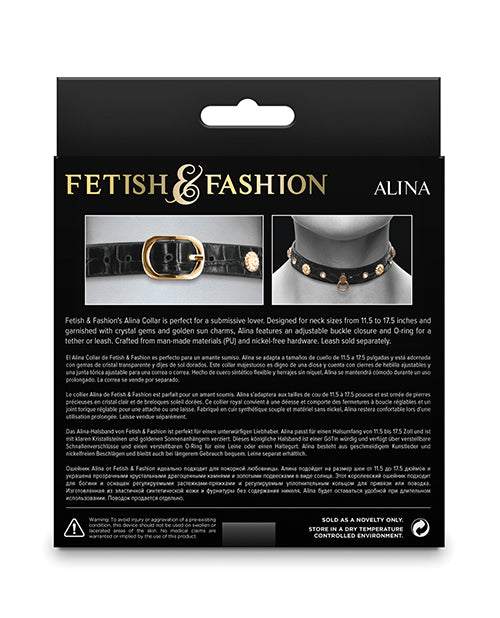 Fetish & Fashion Alina Collar black with gold buckle, crystal gems, sun motifs, adjustable PU leather collar for neck sizes 11.5-17.5 inches with O-ring for leash attachment.