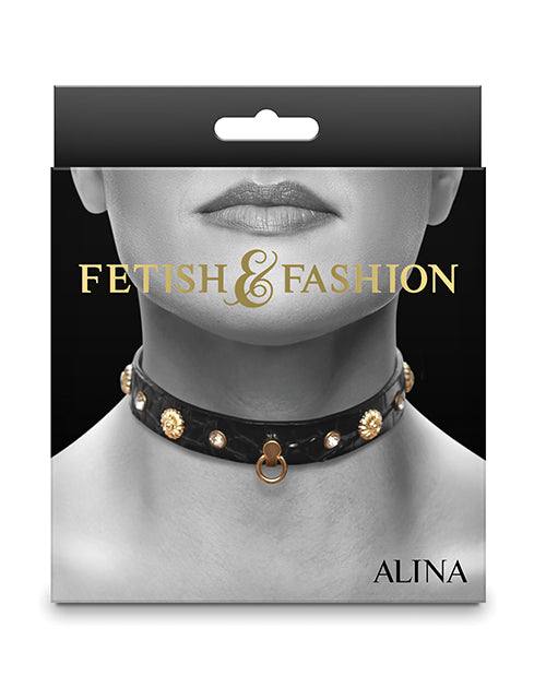 Fetish & Fashion Alina Collar black leather with gold sun motifs and crystal gems on neck packaging