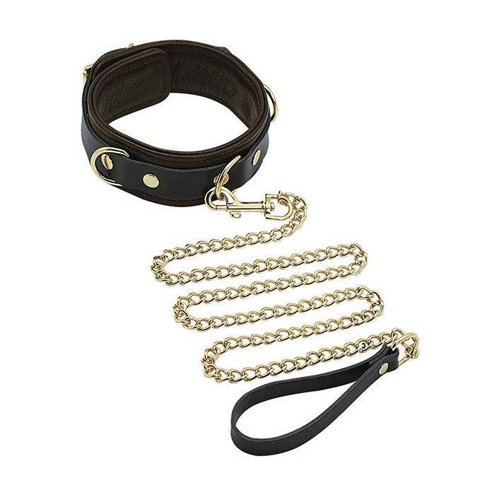 Spartacus Collar & Leash set featuring brown leather collar with gold hardware and matching gold chain leash with leather handle