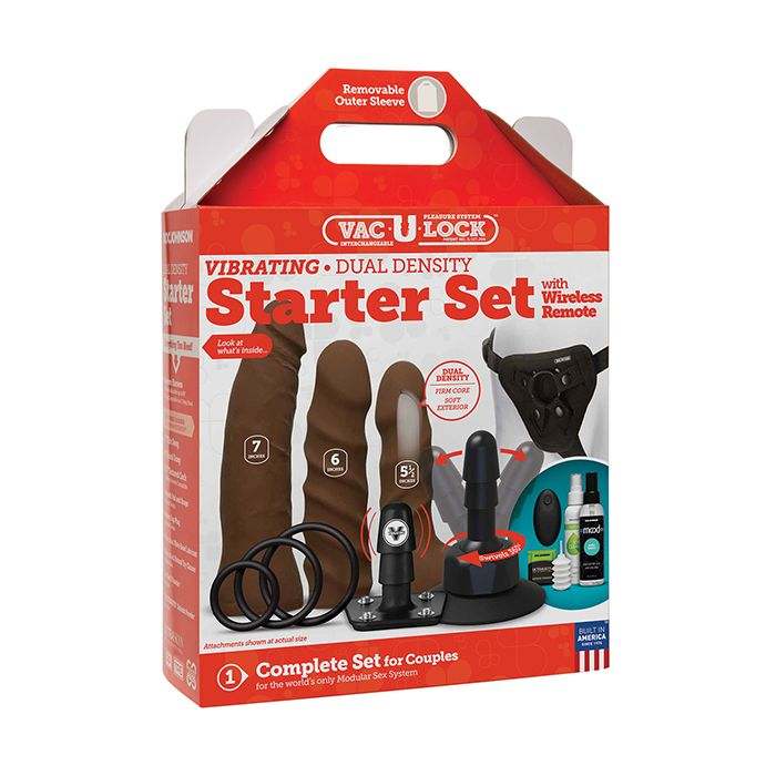 Vac-U-Lock Dual Density Starter Set with wireless remote, adjustable harness, three ULTRASKYN attachments, vibrating Vac-U Plug, and accessory cleaning kit in chocolate color.