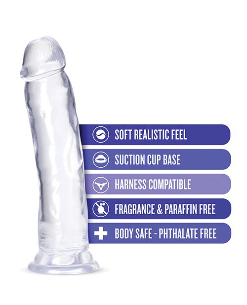 Blush B Yours Plus 9-inch clear dildo with soft realistic feel, suction cup base, harness compatible, and body-safe phthalate-free TPE material.