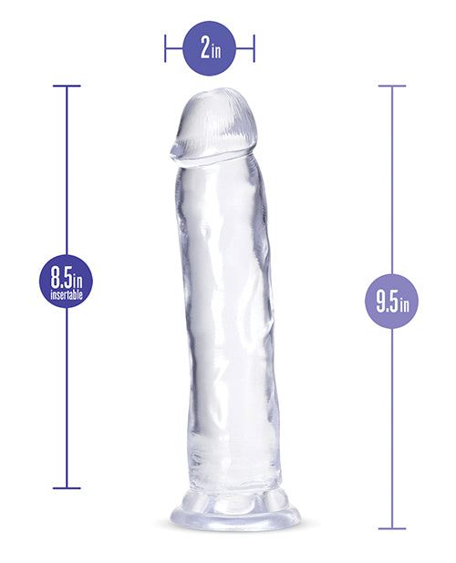Clear 9-inch Blush B Yours Plus dildo with suction cup base and realistic soft texture