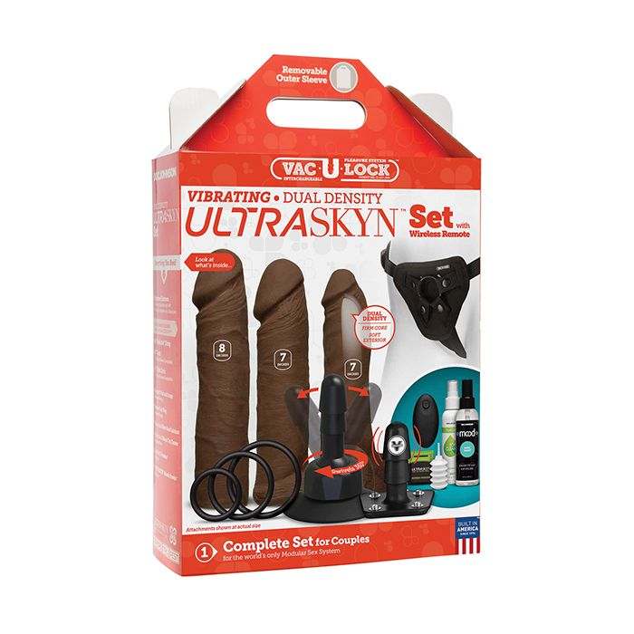 Vac-U-Lock Vibrating Dual Density ULTRASKYN strap-on set with wireless remote and multiple realistic attachments in chocolate color.