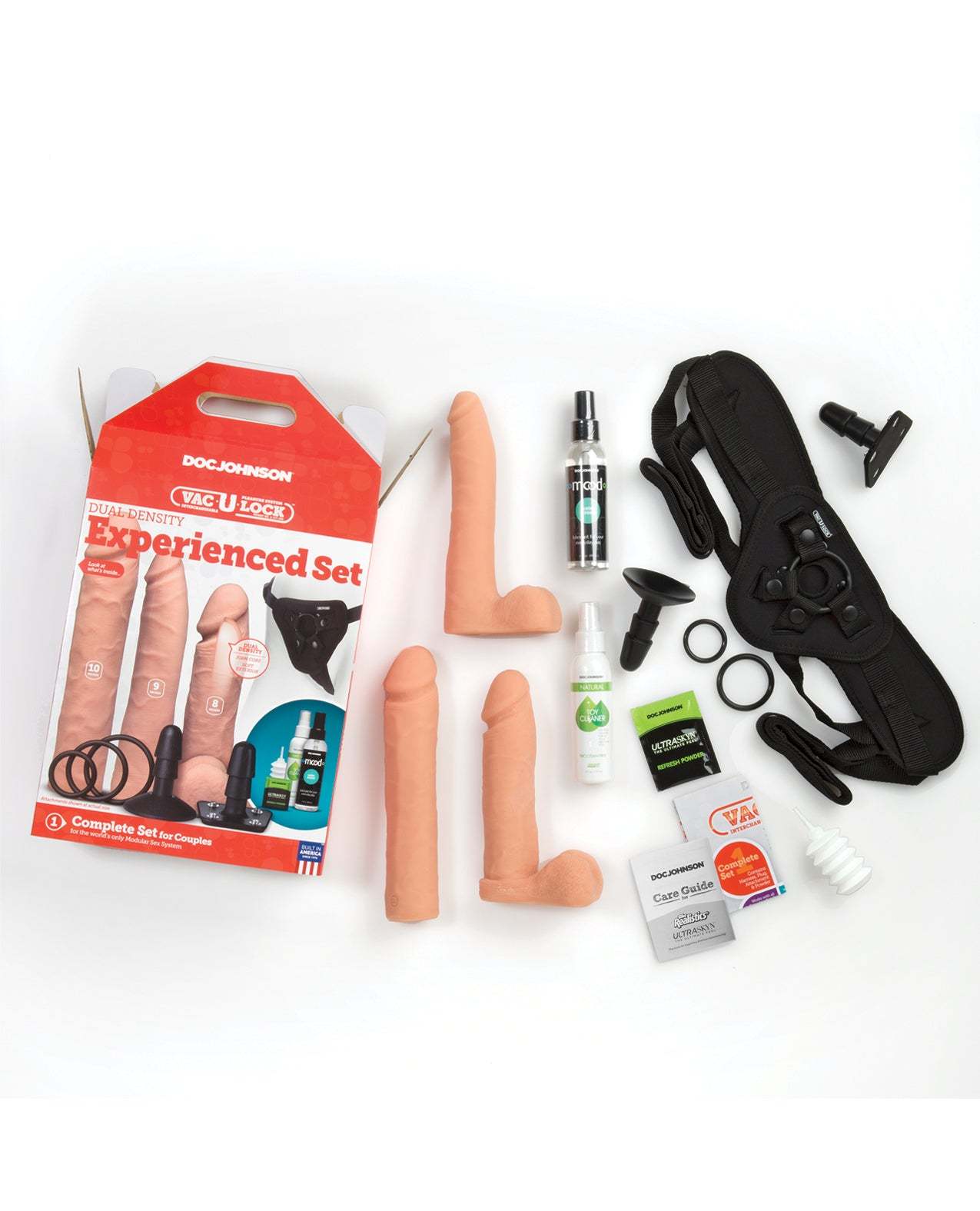 Vac-U-Lock Dual Density strap-on set with harness, three realistic attachments, toy cleaner, and accessories in vanilla color.