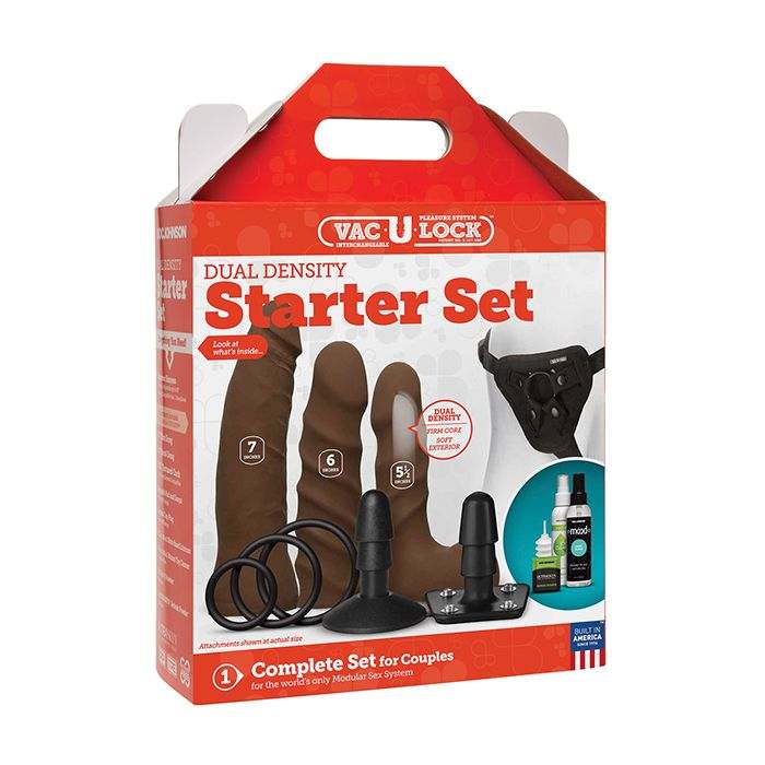 Vac-U-Lock Dual Density Starter Set in chocolate with three ULTRASKYN attachments, harness, suction cup, and toy cleaner.