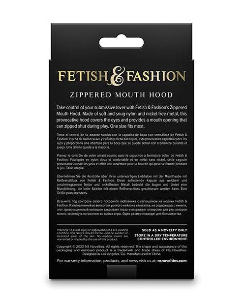 Black packaging of Fetish & Fashion Zippered Mouth Hood with gold and white text detailing product features and usage.