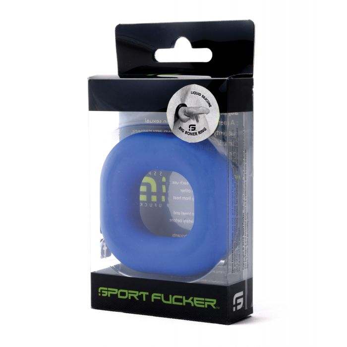 Blue Sport Fucker Big Boner Ring made of soft durable liquid silicone in clear black packaging