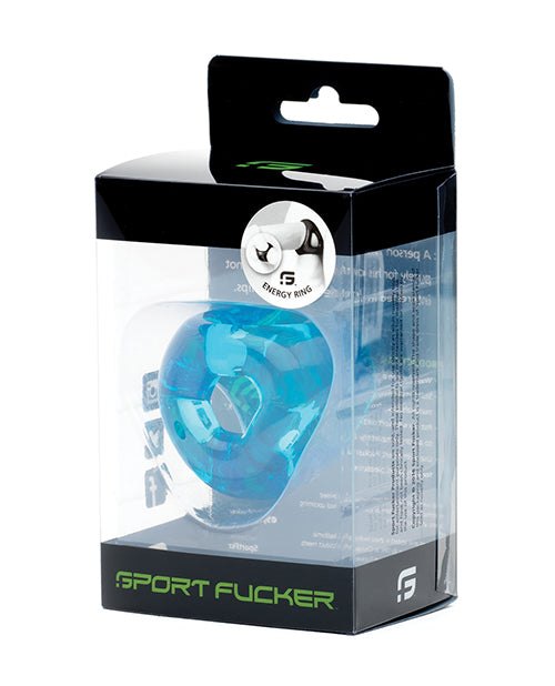 Sport Fucker Energy Ring in ice blue color, flexible TPR material cock and ball toy in retail packaging