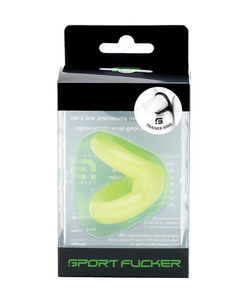 Sport Fucker Trainer Ring in green, stretchy dual-ring cock and ball toy in retail packaging