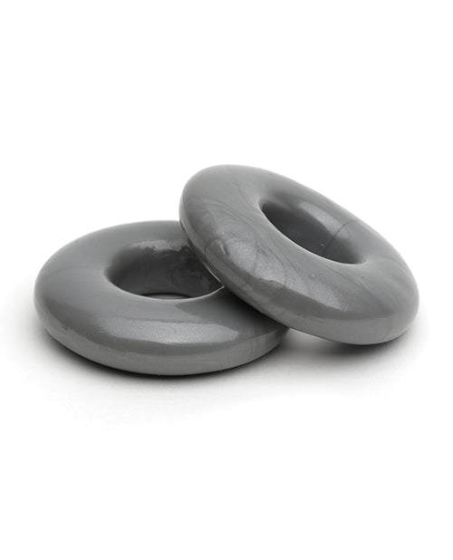 Two gray metal Sport Fucker Stacker Rings designed for enhancing pleasure and comfort.