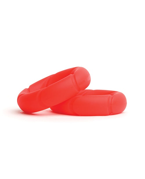 Two red Sport Fucker Ready Rings made of soft, stretchy liquid silicone for enhanced pleasure and stamina.