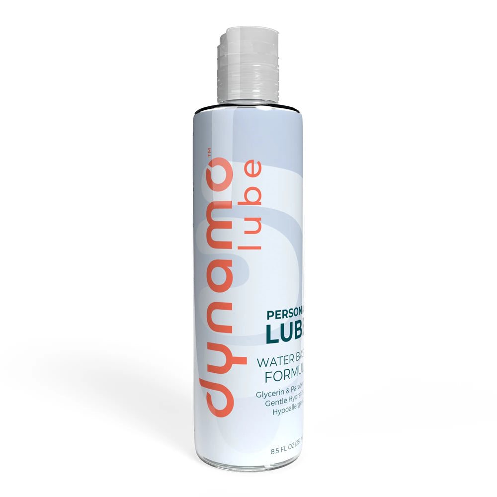 8.5oz bottle of Dynamo Lube Water-Based Formula personal lubricant with glycerin and paraben-free, hypoallergenic design