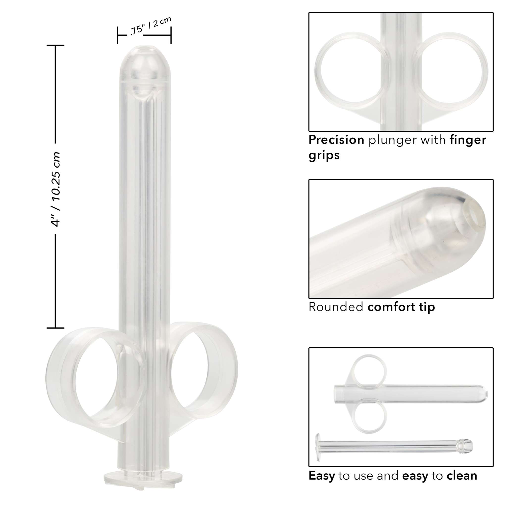 Clear XL Lube Tube with precision plunger, finger grips, rounded tip, easy to clean and use, 4-inch length, 0.75-inch diameter