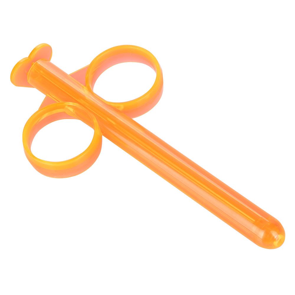 Orange reusable lube tube with ergonomic finger loops for precise water-based lubricant application