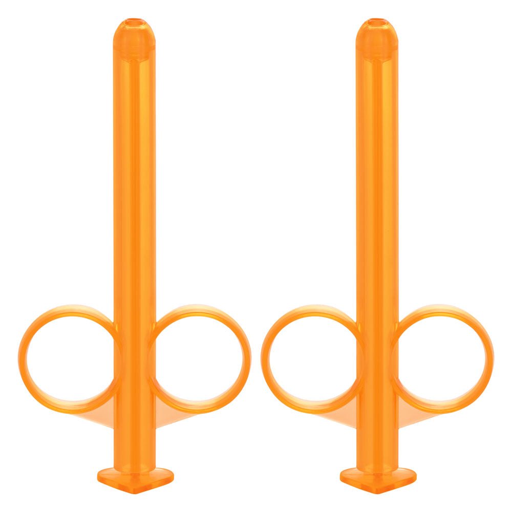 Orange reusable lube tube with slim shaft, rounded tip, and ergonomic finger loops for precise application of water-based lubricants.