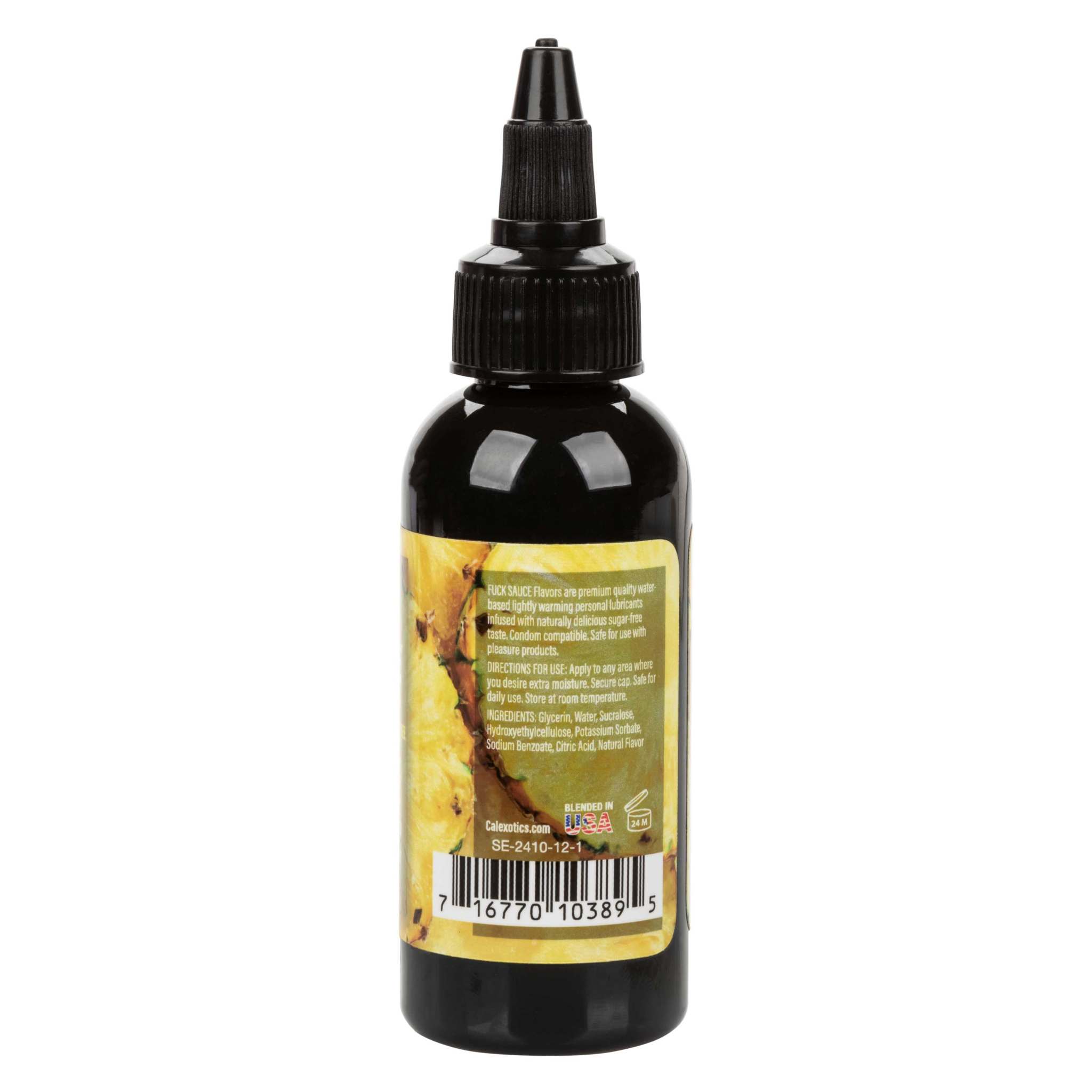 Bottle of Fuck Sauce Flavored Water-Based Personal Lubricant 2 oz in pineapple flavor with black cap and tropical label