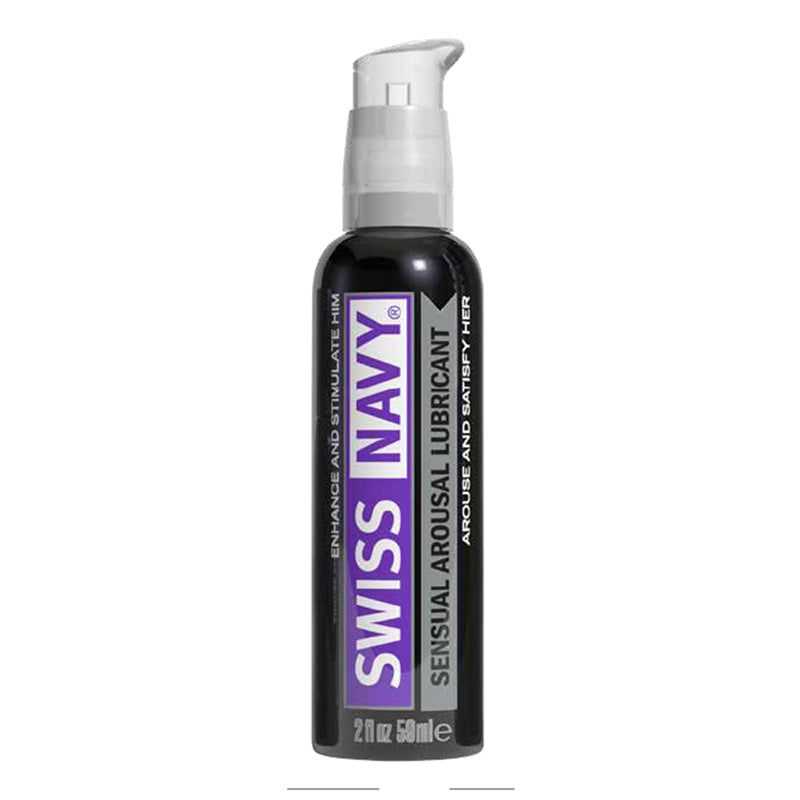 Bottle of Swiss Navy Sensual Arousal Lubricant 2 oz with pump dispenser for enhancing intimate moments