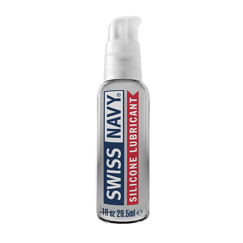 Swiss Navy Silicone Lubricant 1 oz bottle with pump, premium silicone-based personal lubricant for enhanced intimacy and long-lasting moisture.