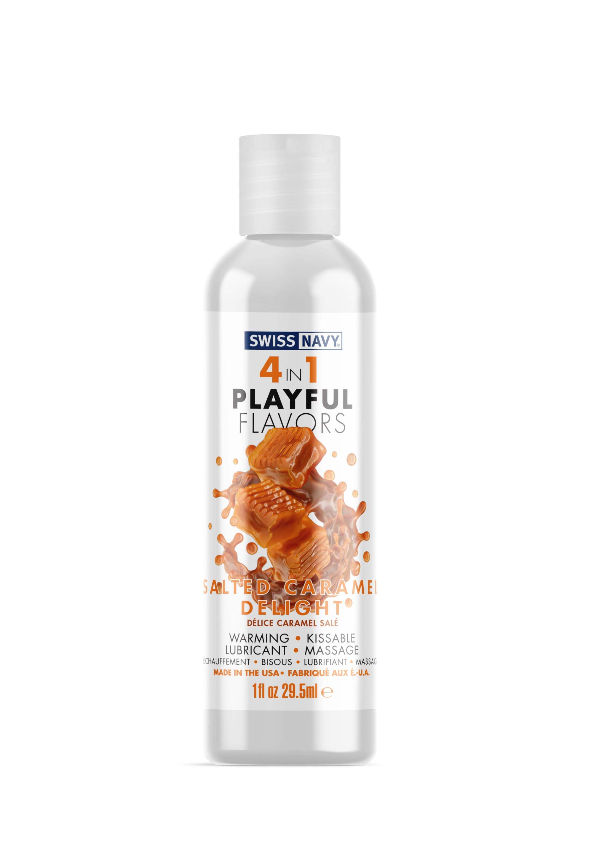 Swiss Navy 4-in-1 Playful Flavors Salted Caramel Delight lubricant bottle 1 fl oz with warming, edible, smooth, and massage features