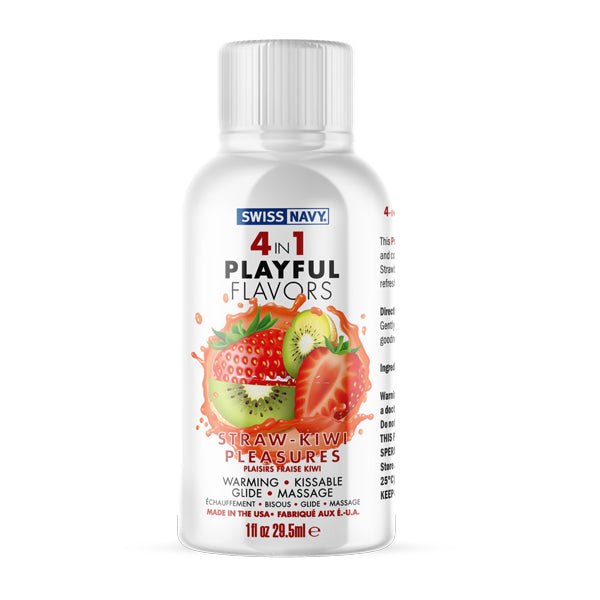 Swiss Navy 4-in-1 Playful Flavors Strawberry Kiwi Pleasures personal lubricant bottle, 1 fl oz, flavored, warming, kissable, smooth glide.