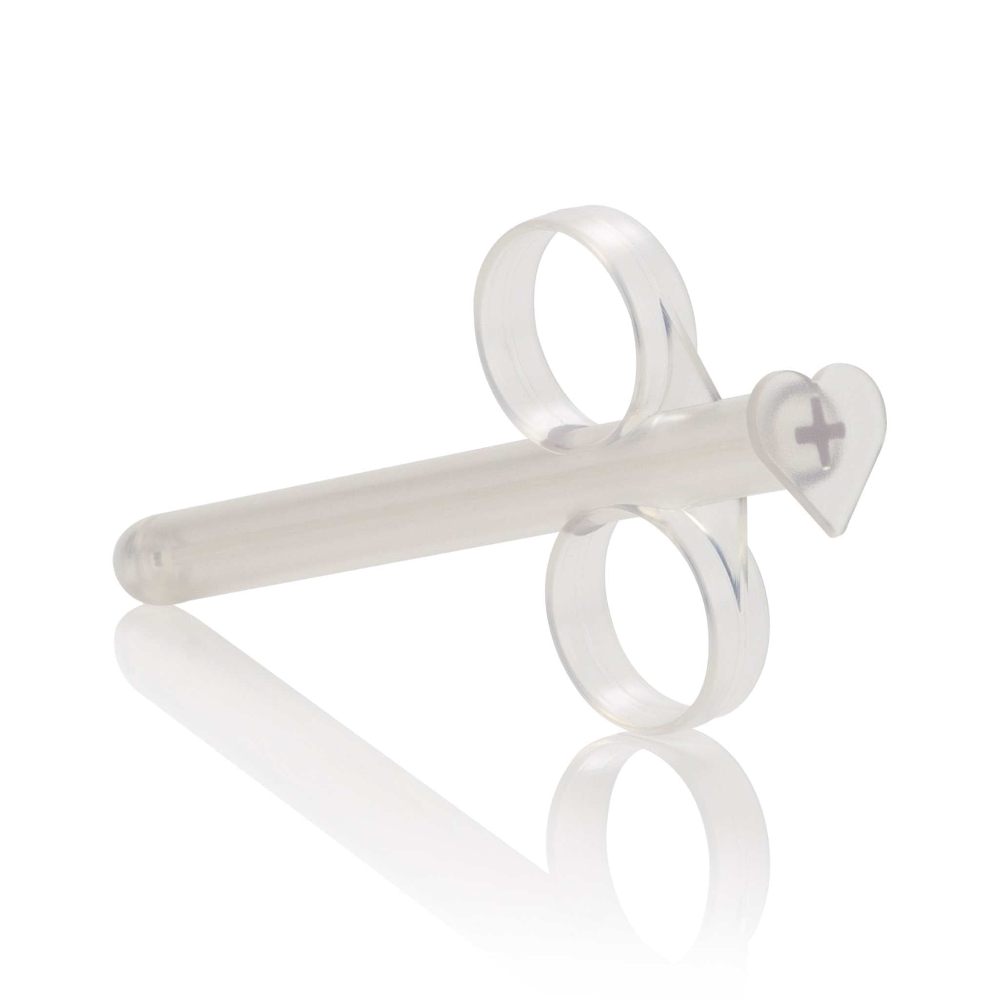 Clear plastic precision lube tube applicator with dual finger rings and heart-shaped end, reusable and refillable design.