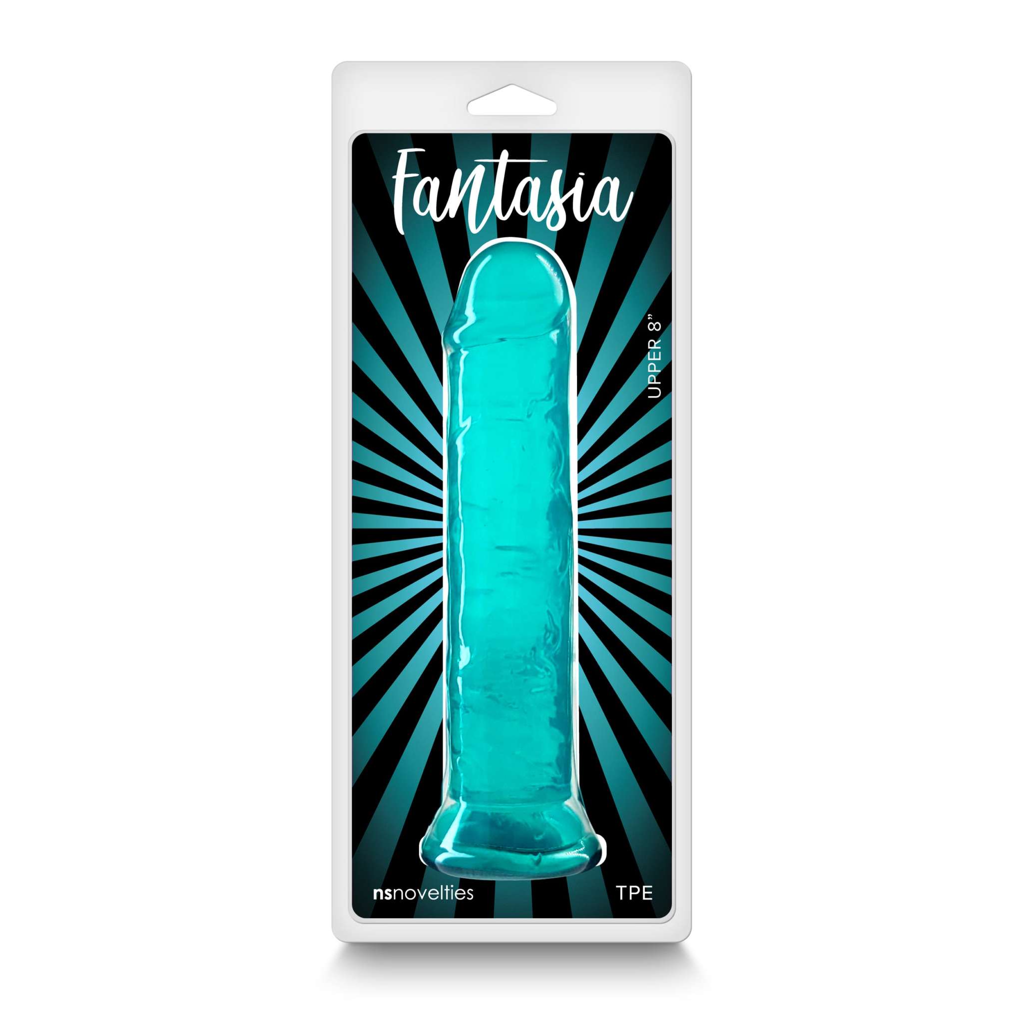 Fantasia Upper 8 Inch teal flexible dildo with suction cup base in packaging