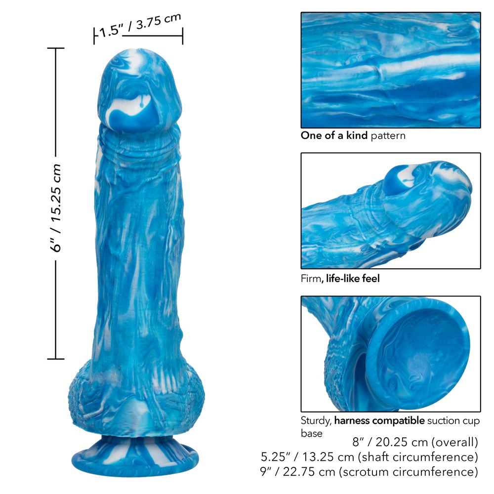 Blue Twisted Love Twisted Dong with firm, life-like silicone texture, sturdy suction cup base, and one-of-a-kind swirl pattern, measuring 8 inches overall length.