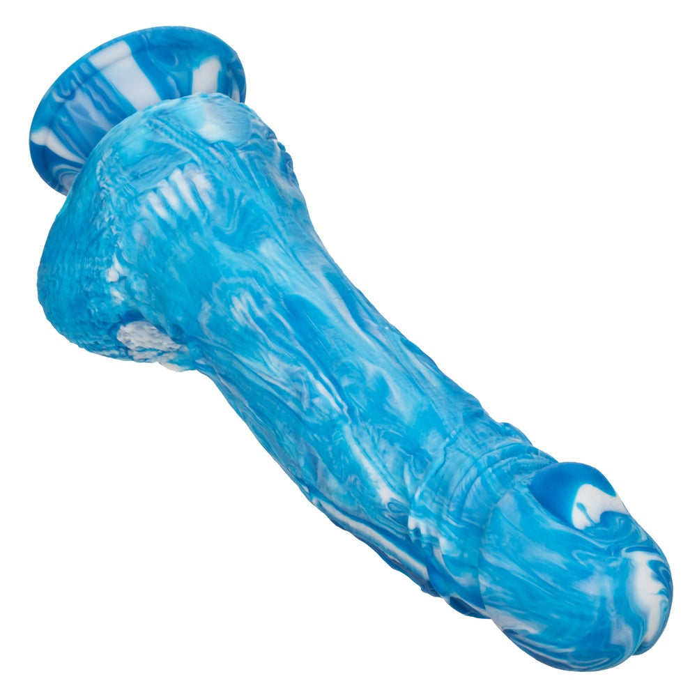 Blue Twisted Love Twisted Dong made of soft liquid silicone with a sturdy suction cup base for hands-free use.