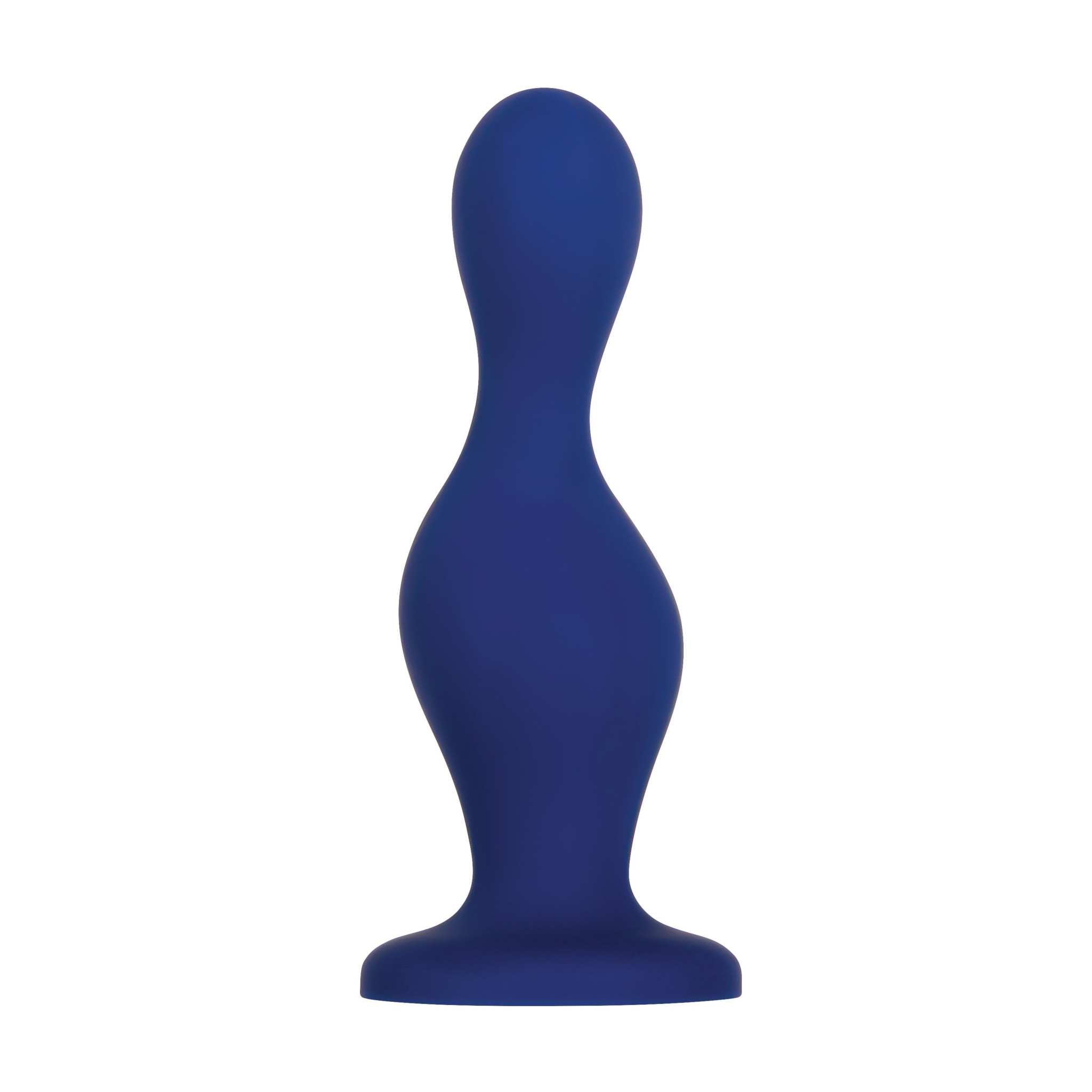 Blue silicone dildo with bulby spiraling shape and suction cup base for hands-free use, part of iN's and Out's combo set.
