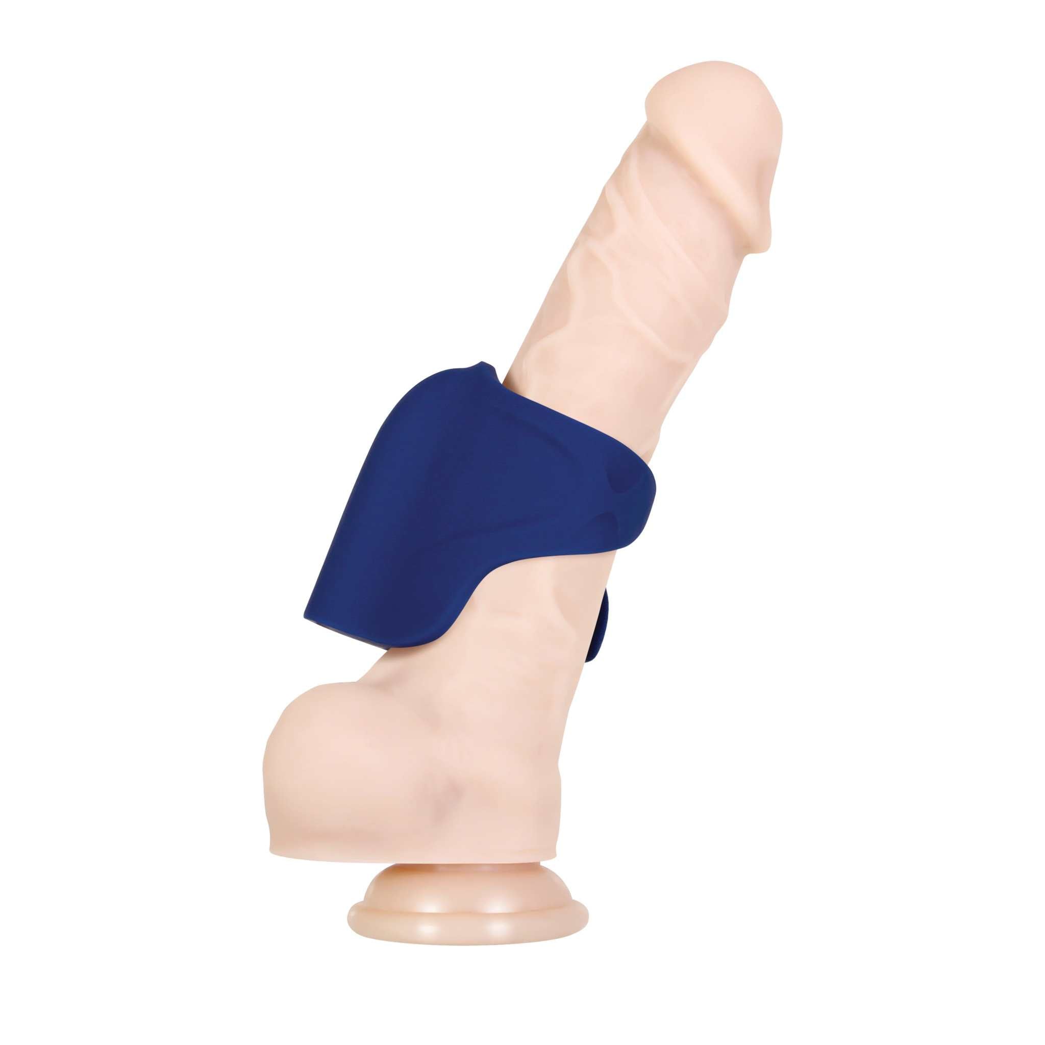 iN's and Out's silicone dildo with blue vibrating stroker and suction cup base for hands-free play