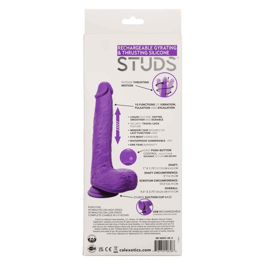 Purple rechargeable gyrating and thrusting silicone stud with 10 vibration functions and suction cup base for hands-free use.