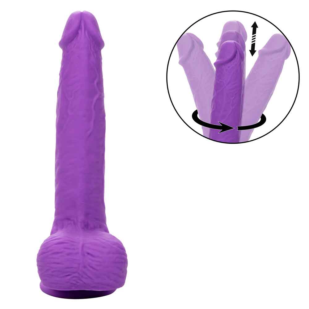 Purple rechargeable gyrating and thrusting silicone stud with suction cup base and adjustable motion features