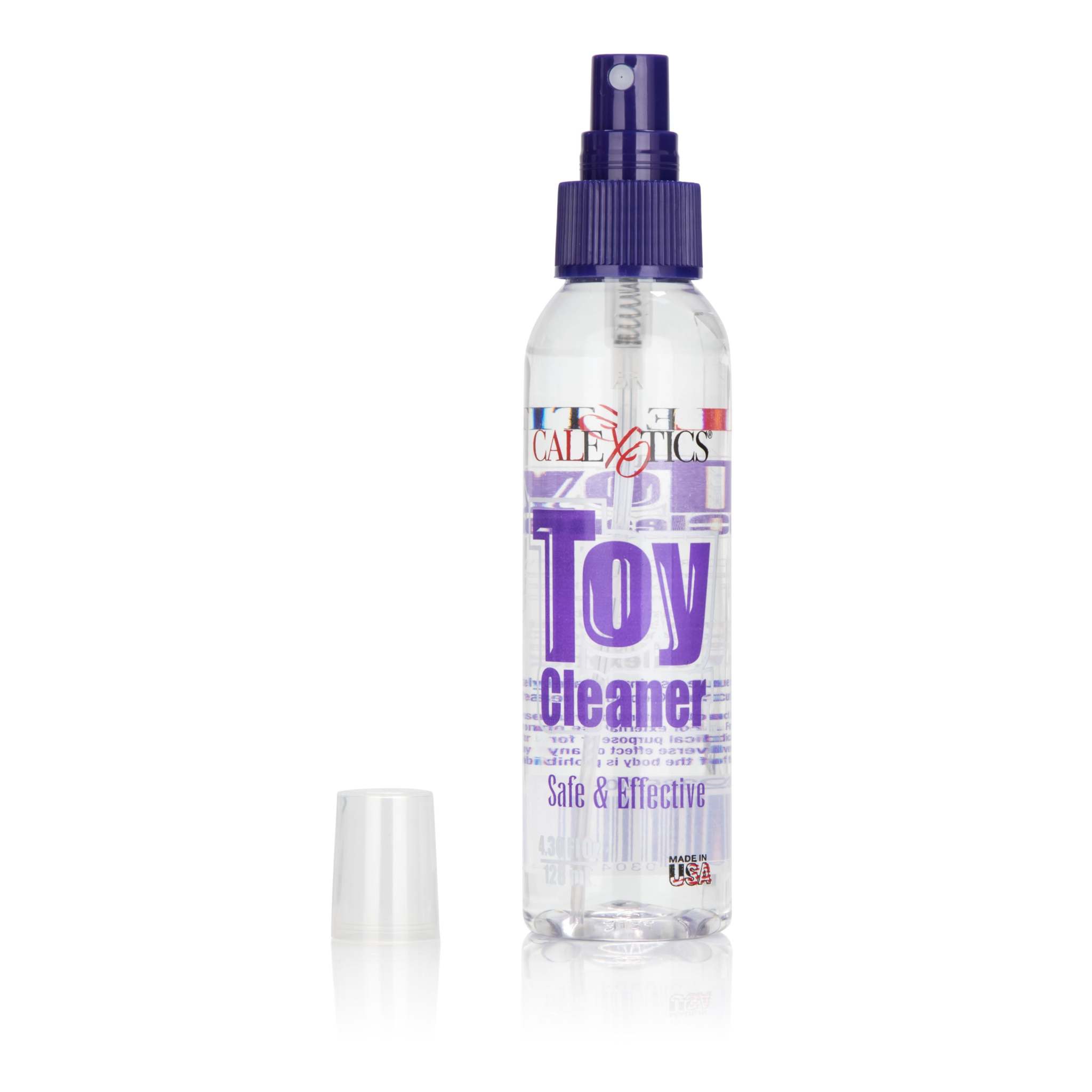 Clear 4.3 fl oz Universal Toy Cleaner spray bottle with purple pump and safety cap for intimate toy hygiene.